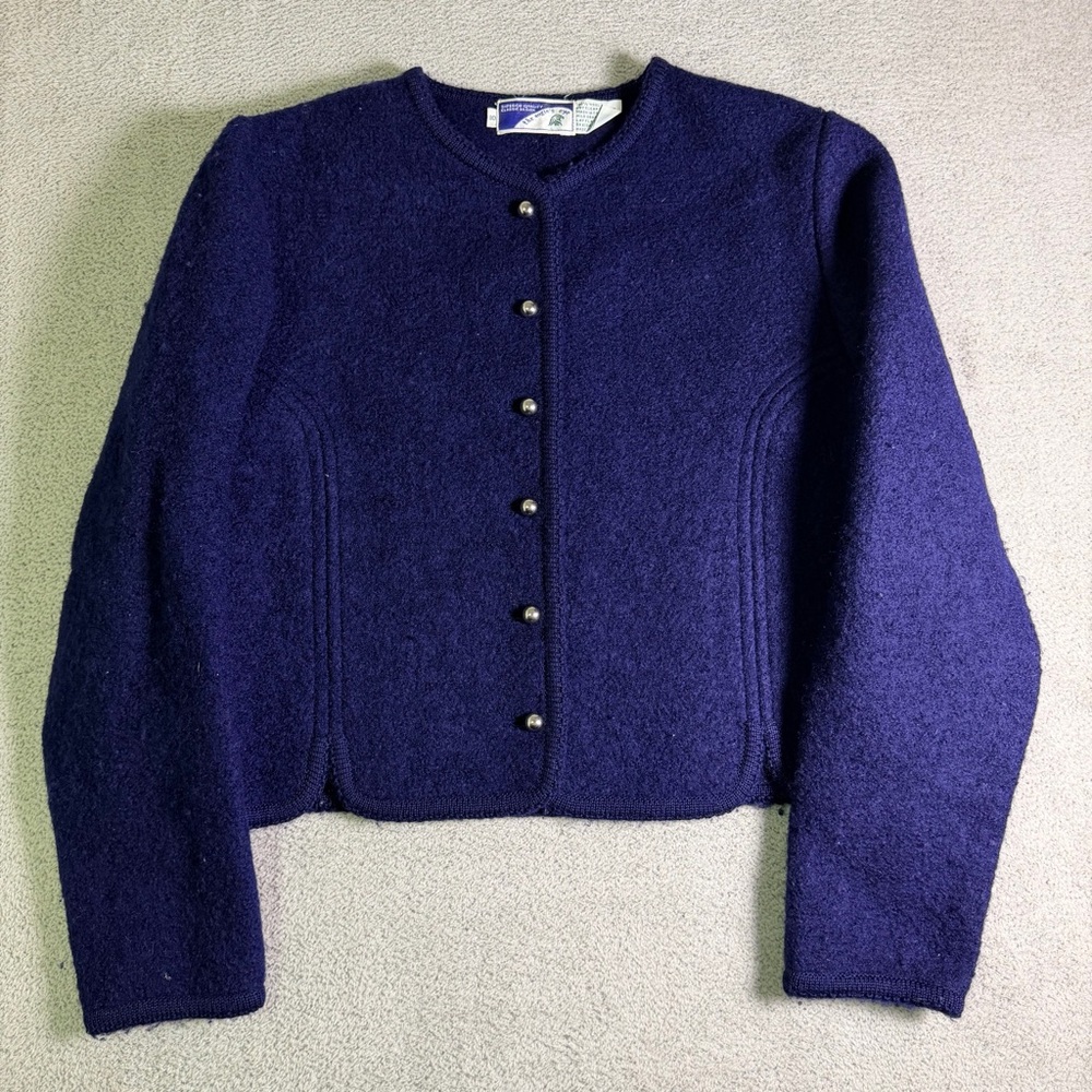 Vintage 80s Eagles Eye Boiled Wool Cardigan Jacket Womens 10 Navy Blue Button Up
